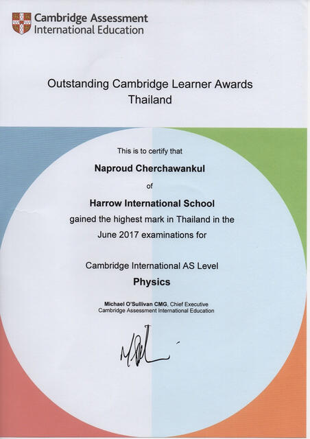 Naproud's Top in Thailand Physics AS 2017 Certificate