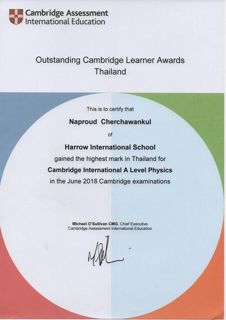Naproud's Top in Thailand Physics A2 2018 Certificate